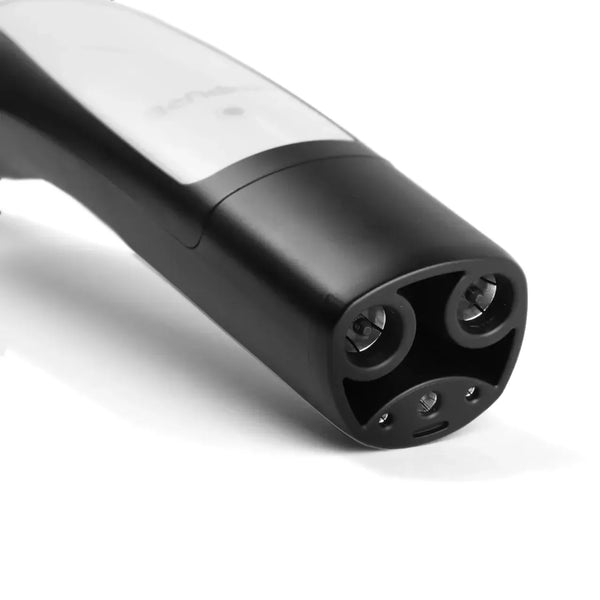 Close-up of a black and white cylindrical device on a white background