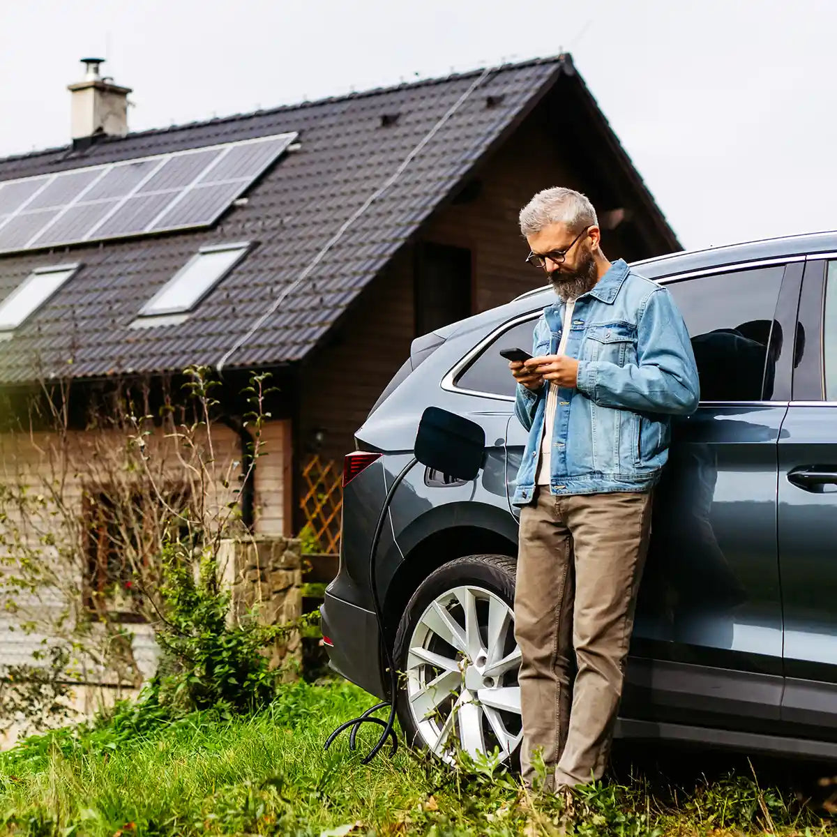 Man using a smartphone next to an electric car in front of a house with solar panels on the roof.