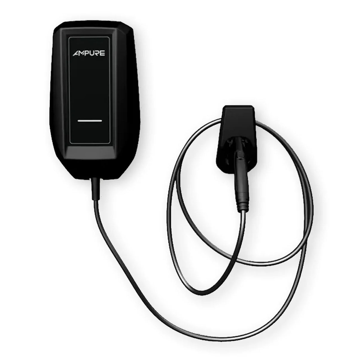 Black electronic device with cable on a white background