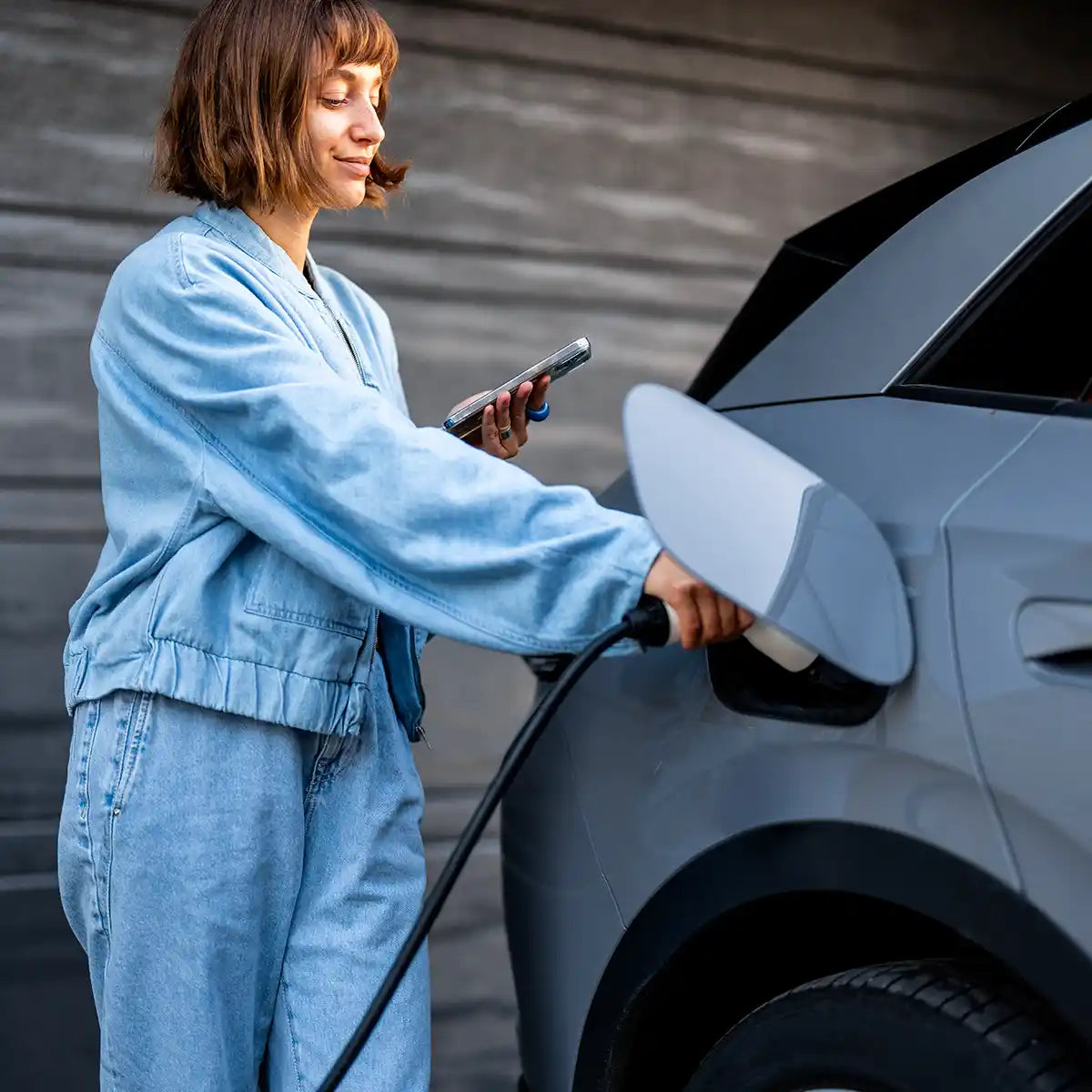 Person charging an electric car with a smartphone in hand