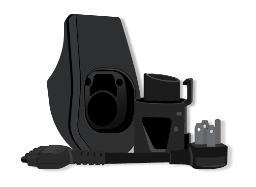 Black electronic device with components on a white background