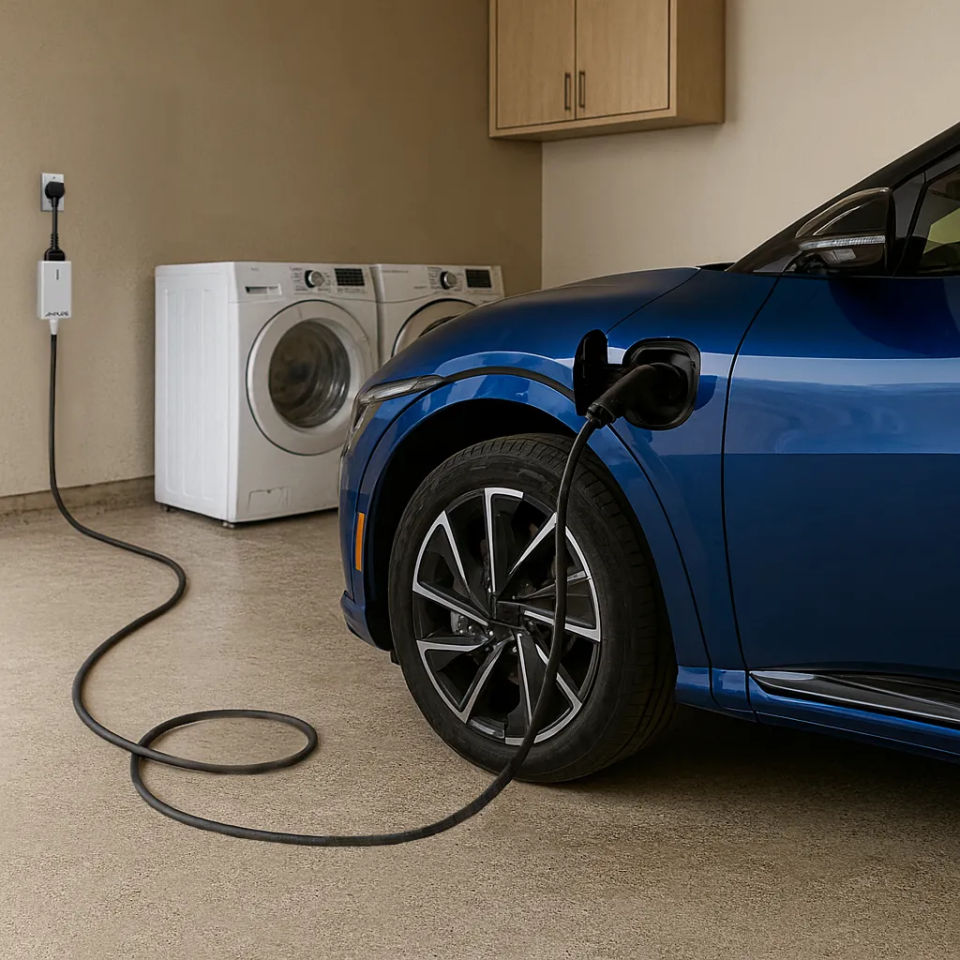 Blue electric car charging in a garage with washing machines in the background