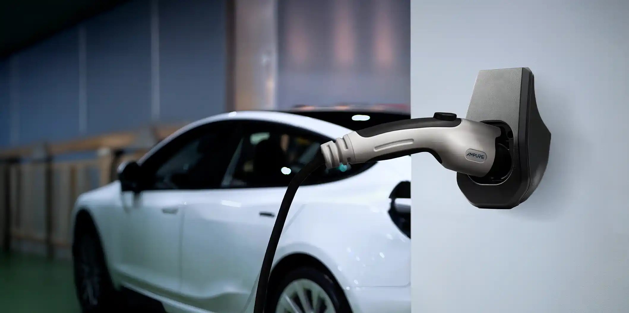 Electric car charging at a charging station with a blurred background